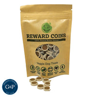 A bag of Paw Paten Reward Coins dog treats. They are made with 100% peanut butter flavor, gluten-free, sugar-free, meat-free, and low in fat. They are also designed to help reduce plaque.